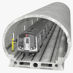 3D Subway Tunnel Section with Train and Worker model