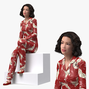 3D model Asian Woman wearing Satin Pijama Sitting Pose