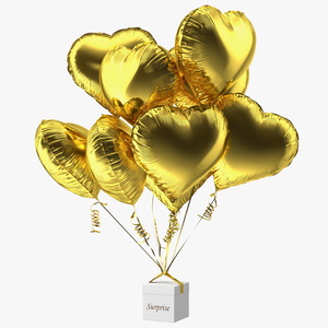 Bouquet of Gold Heart Balloons with Gift Box 3D model