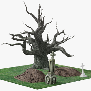 Cemetery Scene with Bare Tree and Graves Fur 3D model