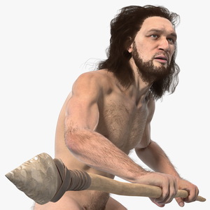 3D Cromagnon Man Holding Spear Fur