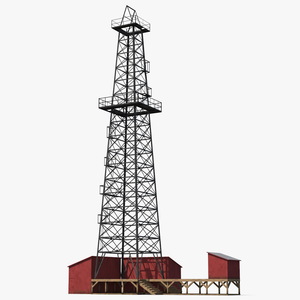 3D Oil Derrick Structure with Attached Storage Shed model