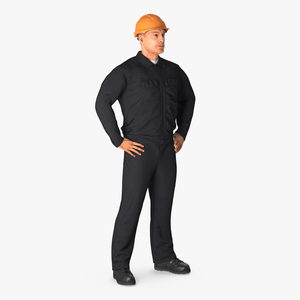 Worker Black Uniform with Hardhat Standing Pose 3D