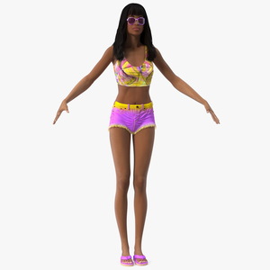 Beach Style Young Light Skin Black Woman T Pose 3D