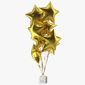 Star Shaped Gold Balloons Tied to Gift Box 3D