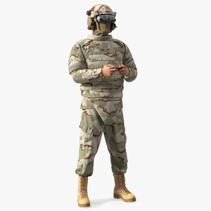 FPV Drone Operator in Desert Camouflage with Remote Control in Hands Fur 3D