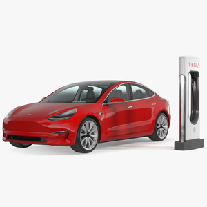 3D model Electric Charging Station and Tesla Model 3 Rigged