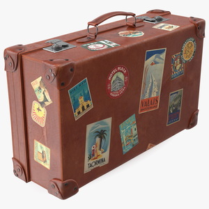 3D Vintage Leather Suitcase Medium Brown with Travel Stickers model