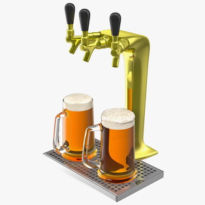 3D Triple Tap Brass Draft Beer Tower with Beer Mugs model