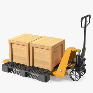 3D Industrial Pallet Jack Yellow with Wooden Crates model