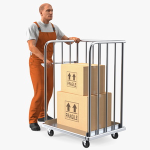 3D Worker with Trolley Platform High Railing Cardboard Boxes Fur