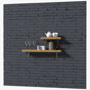 3D Shelf With Kitchenware Brick Wall model