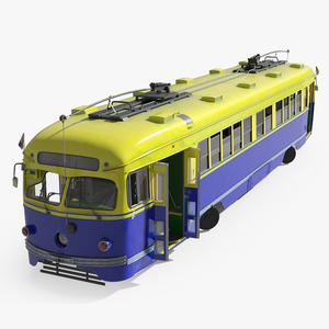 Old Tram Yellow Blue Rigged 3D