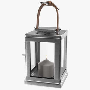 Square Glass and Metal Lantern with Candle 3D