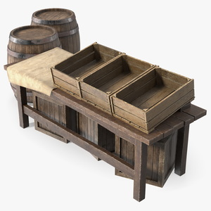 3D Wooden Market Stall with Barrels and Crates model