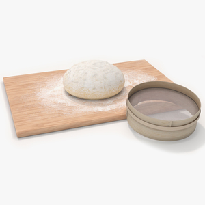 3D Fresh Raw Dough on Wooden Board and Sieve