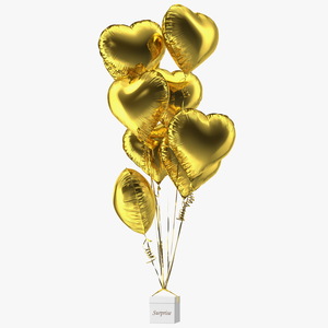 3D Heart Shaped Gold Balloons Tied to Gift Box model