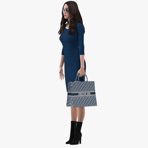 3D Woman Holding Navy Blue Embroidery Dior Tote Bag model