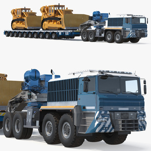 Powerful Duty Truck with Lowboy Trailer and Bulldozers 3D model