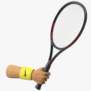 3D Man Hand with Nike Swoosh Wristband Holds Tennis Racquet Rigged model