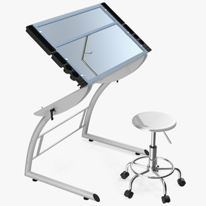 Triflex Adjustable Glass Drawing Table with Stool White Rigged 3D