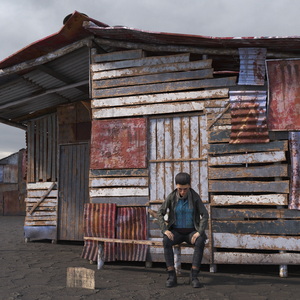 Rusty Sheet Metal Hut and Homeless Woman Rigged 3D