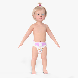 3D model Baby Girl Wearing Diaper A-Pose Fur