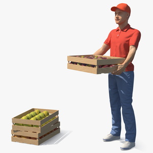 3D Delivery Man Carries A Box Of Fruits