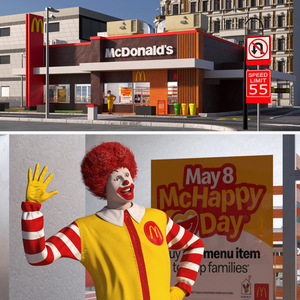 3D Ronald McDonald Clown Near Restaurant Fur