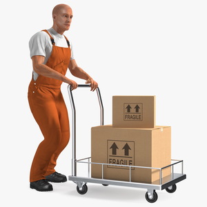 Worker with Trolley Low Platform Railing Cardboard Boxes Rigged Fur 3D