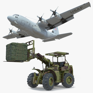3D Forklift Loads Cargo to the Lockheed C 130 Hercules Rigged model