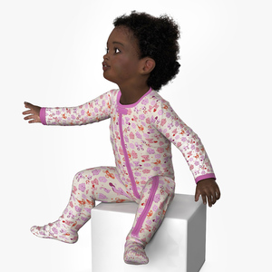 3D African Baby Girl Wearing Full Bodysuit Sitting Fur