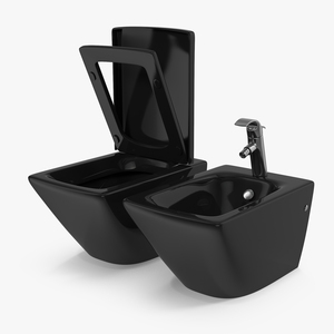 Back To Wall Modern Toilet and Bidet Black 3D