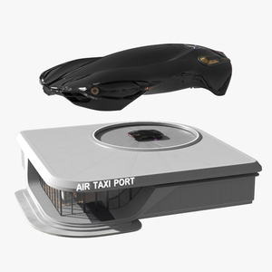 Air Taxi Port with Landing Pad and Futuristic Black Flying Car 3D