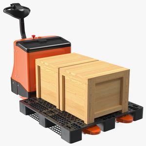 Orange Electric Pallet Truck with Wooden Crates 3D