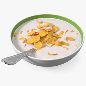 Bowl of Corn Flakes with Milk and Spoon 3D model