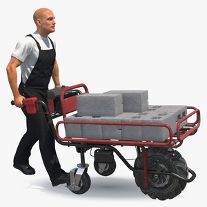 3D Worker with Filled Wheelbarrow Concrete Bricks