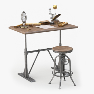 Vintage Desk with Old Stuff and Stool 3D