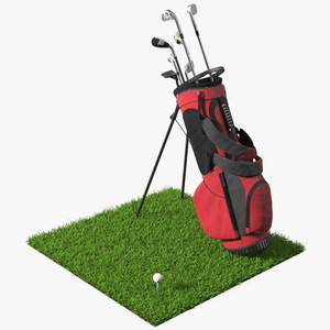 3D Golf Ball and Bag with Clubs on Lawn