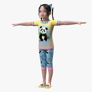 3D Chinese Girl Child in Home Clothes T-pose