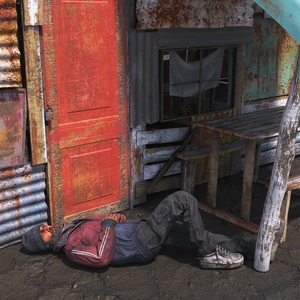 3D model Small Rusty Shack with Awning and Sleeping Homeless Man