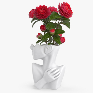 3D Vase Bust Head Shaped White with Camellia