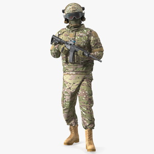 3D Equipped Military Soldier in Green Camo Walking Fur