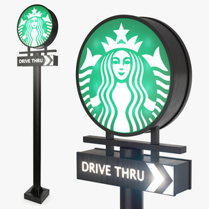 Tall Starbucks Drive Thru Signage Light On 3D