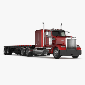 Kenworth W900 Truck and Flatbed Trailer 3D model