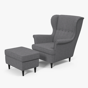 3D model Strandmon Grey Wing Chair with Puff