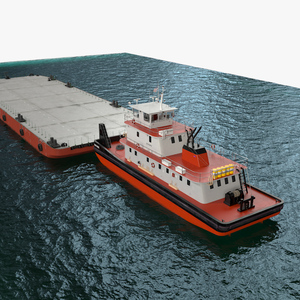 3D model Tugboat with Pontoon Barge on Water