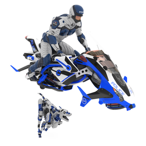 Sci Fi Police Pilot on Hoverbike with Robot Dog 3D