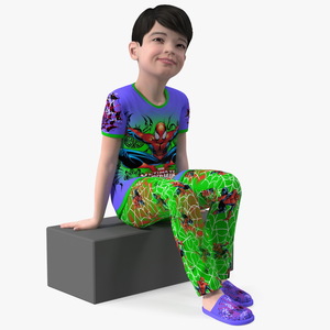 3D Sitting Asian Boy in Spiderman Pajamas model