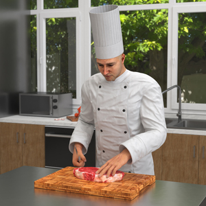 3D Chef Preparing Meat on Kitchen Table